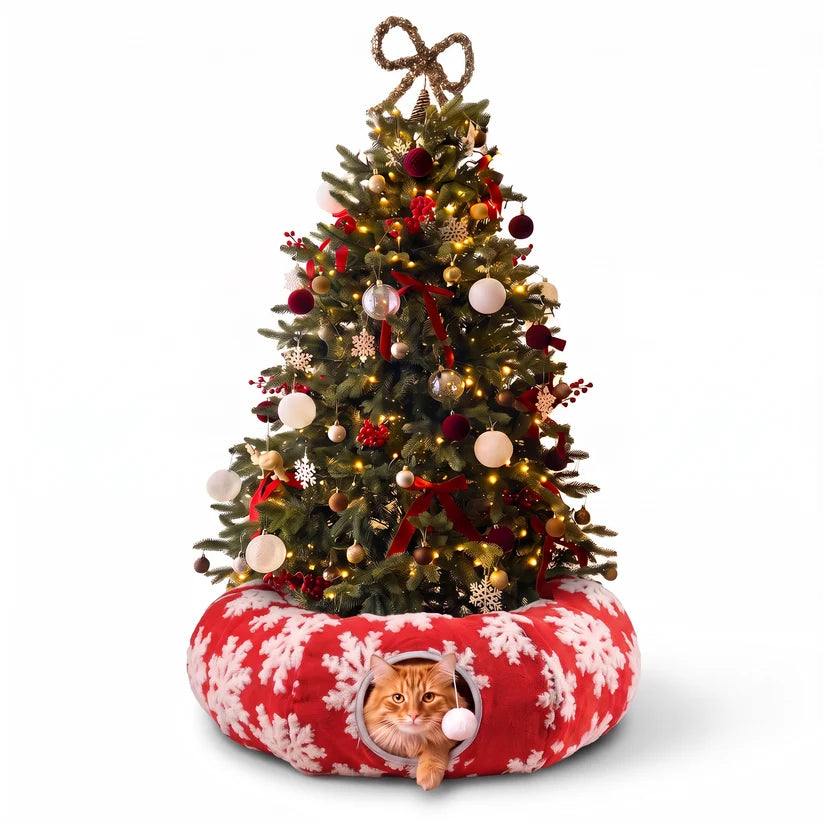 🎄🐾 3-in-1 Christmas Cat Tunnel – Cozy Cat Bed & Festive Tree Skirt