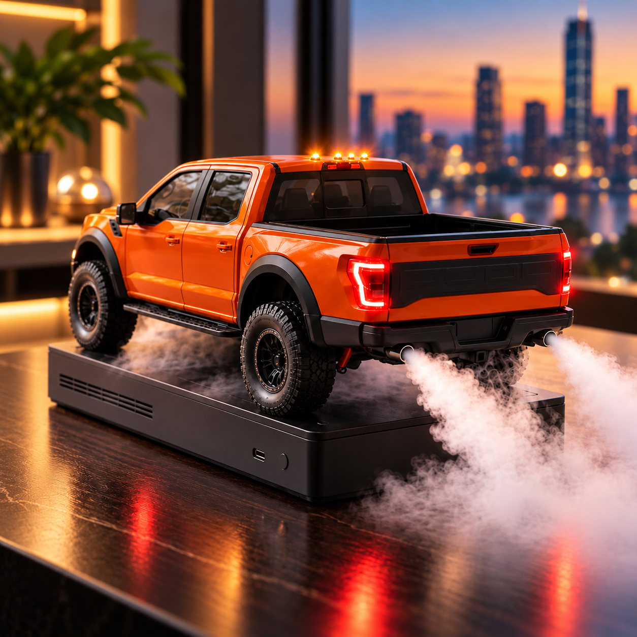 Orange LED pickup truck humidifier with mist and illuminated lights