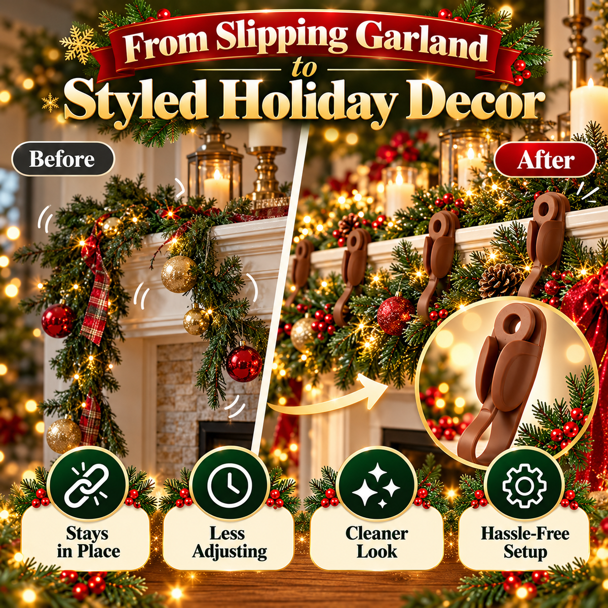 🎄 6-Pack No-Drill Christmas Garland Clips – Invisible Adhesive Holders for Mantels, Stairs & Holiday Decorations ✨