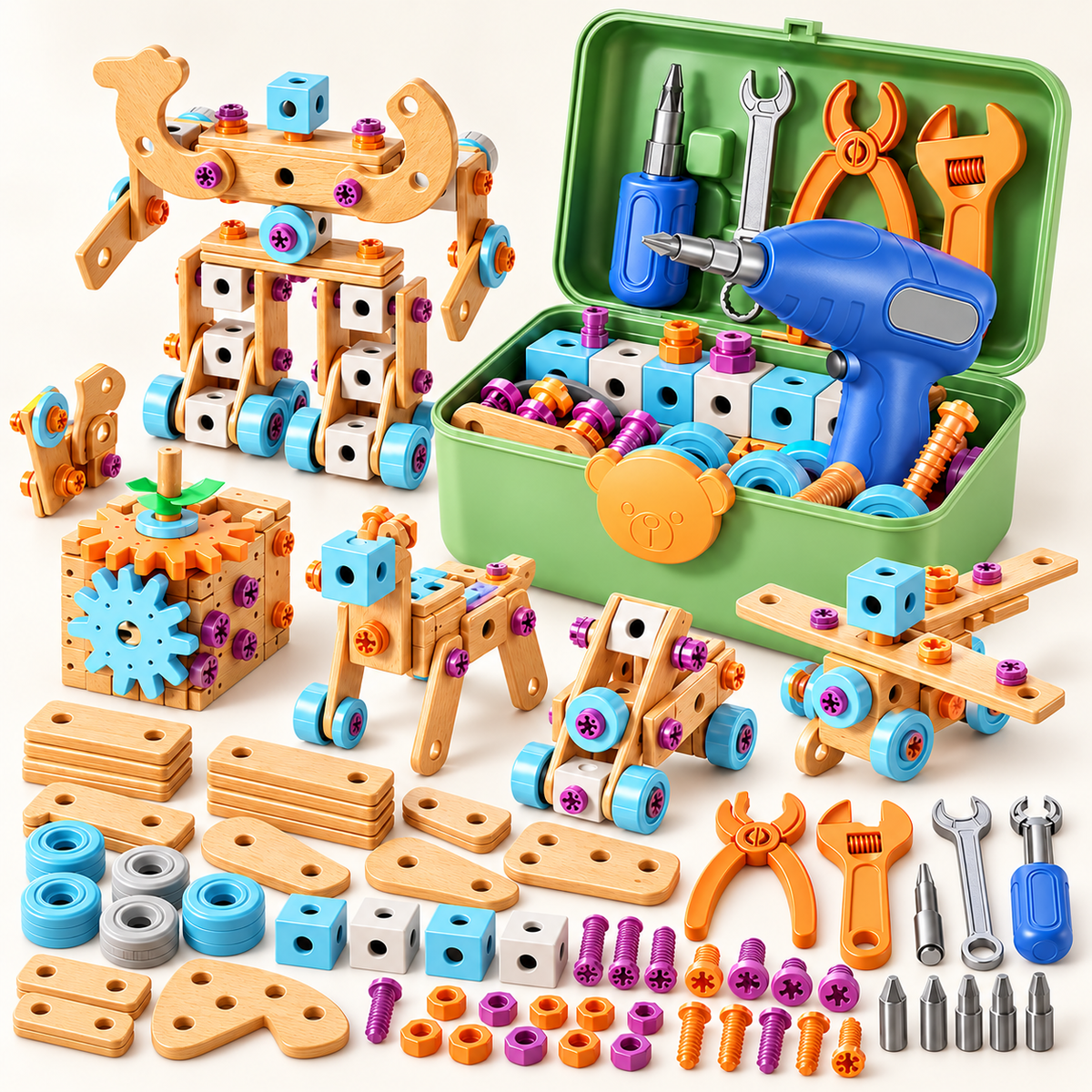 Children's creative DIY construction tool kit with green storage case, blue drill and assembled models