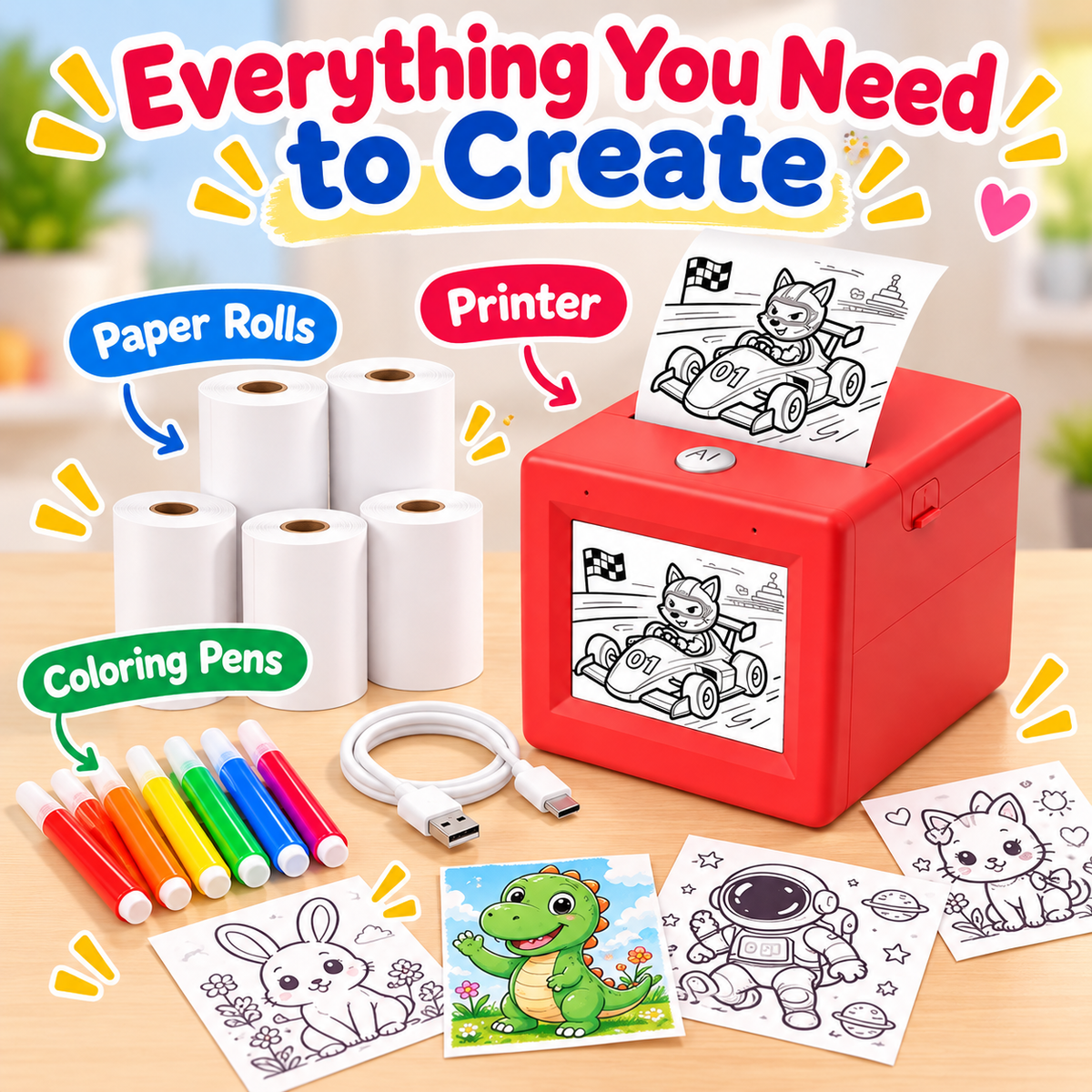 AI mini printer shown with paper rolls, markers, charging cable and sample artworks