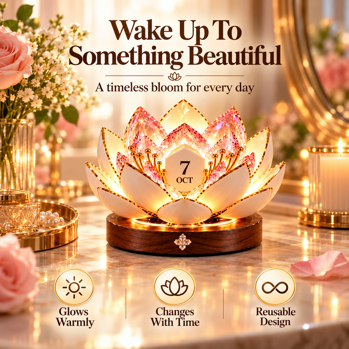 Warmly illuminated flower-shaped calendar displayed on a vanity