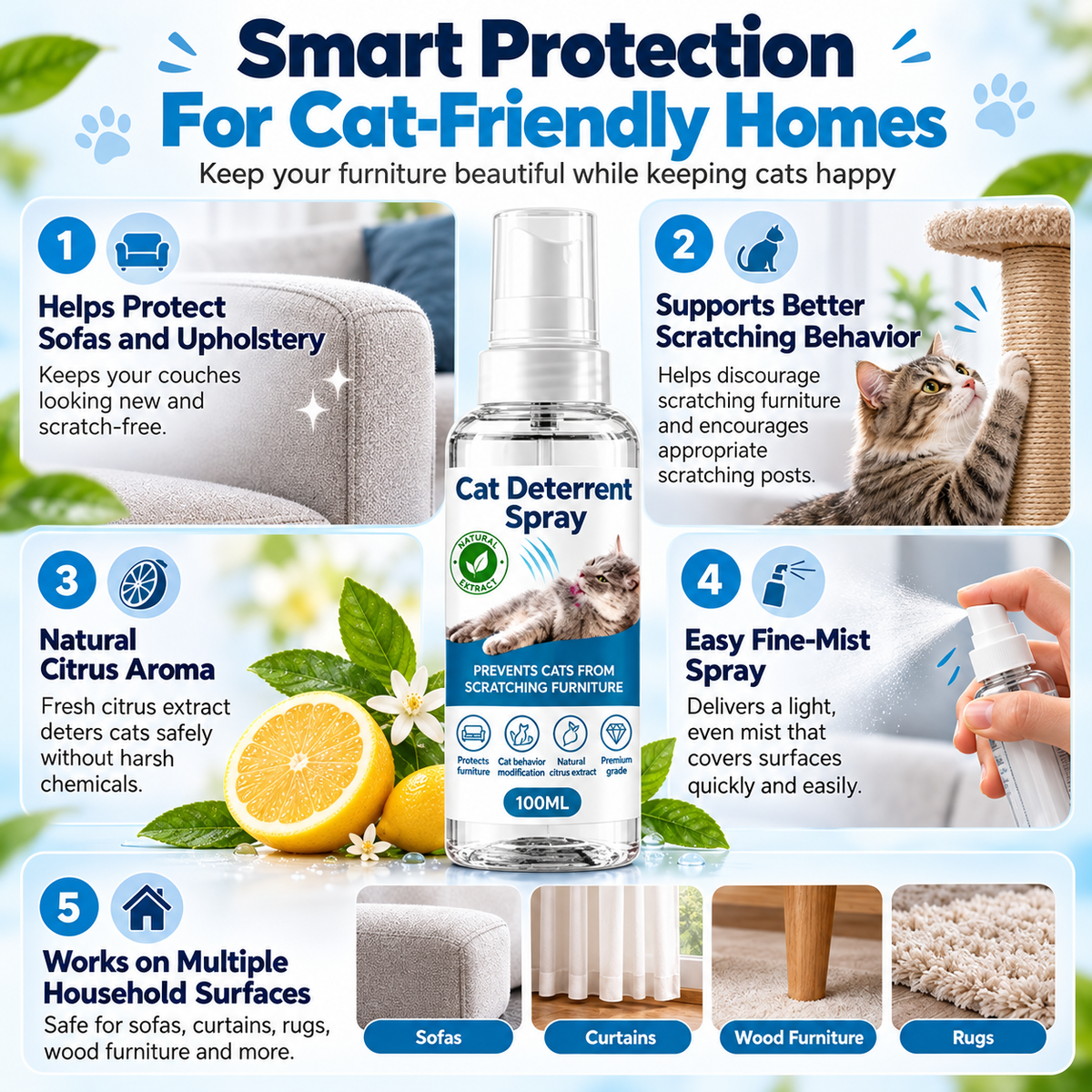 Cat scratch deterrent spray features and household applications