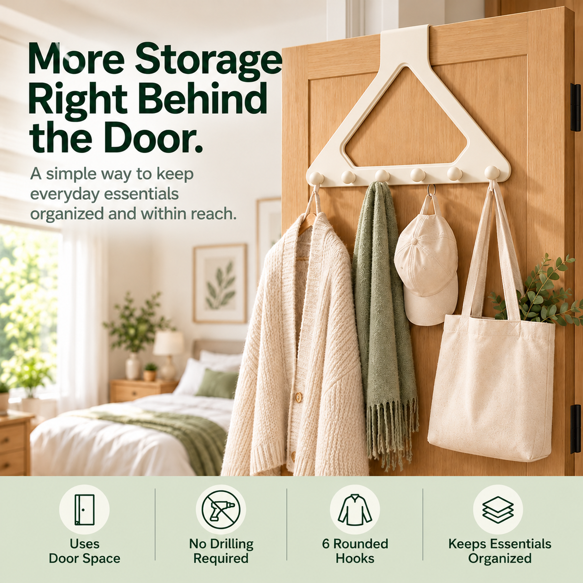 🚪 6-Hook Over-the-Door Organizer – No-Drill Triangle Hanging Rack for Clothes, Towels, Hats & Bags