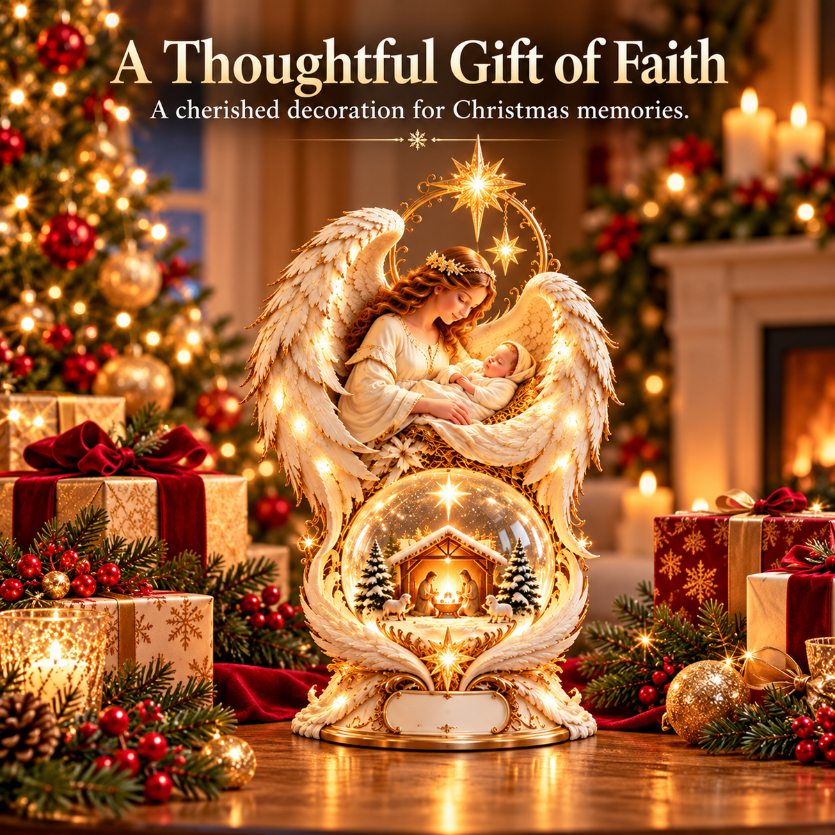 Light-up angel and nativity centerpiece surrounded by Christmas decorations and gifts