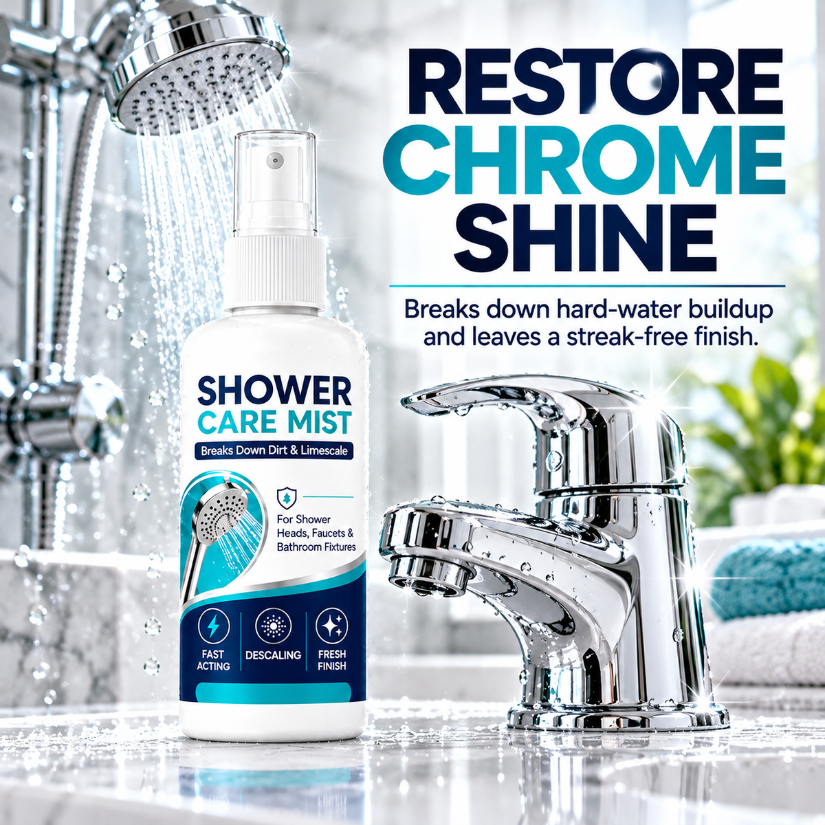 Shower Care Mist next to a shiny chrome bathroom faucet