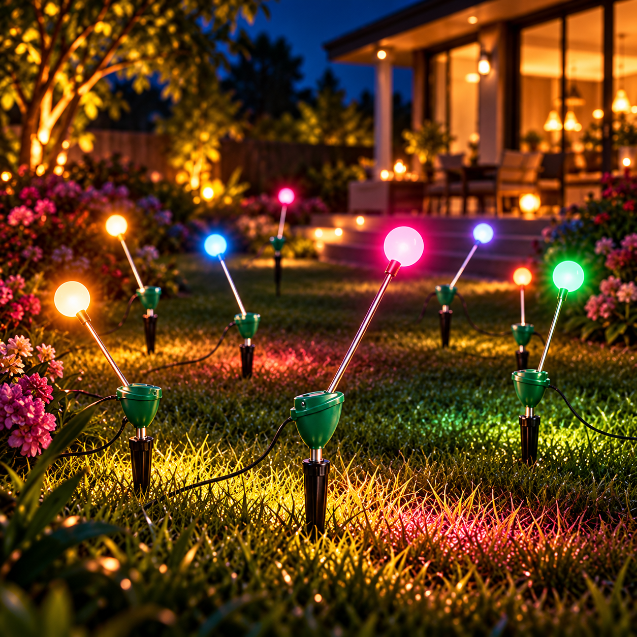 Backyard lawn display featuring colorful firefly inspired landscape lights