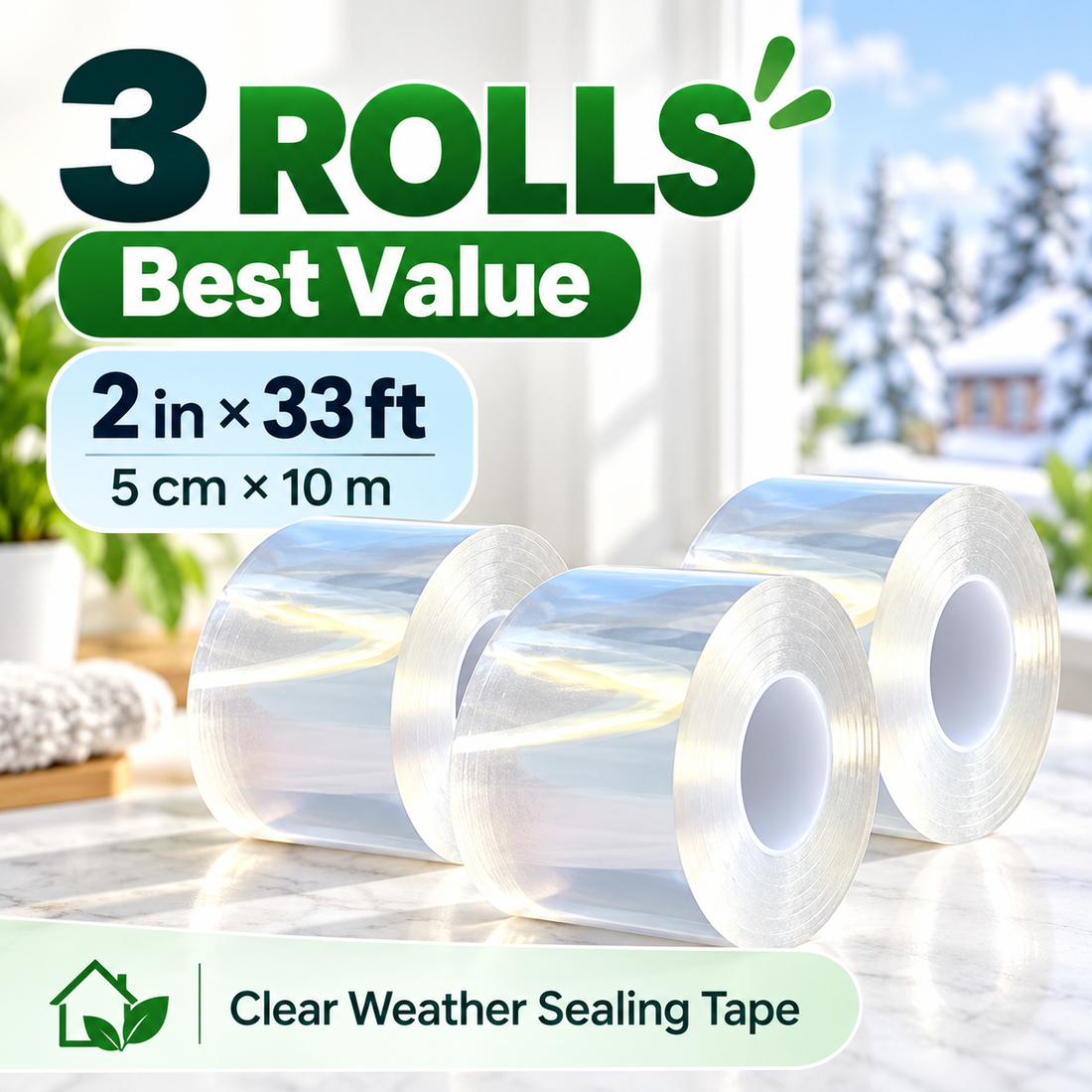 Three rolls of transparent weather sealing tape