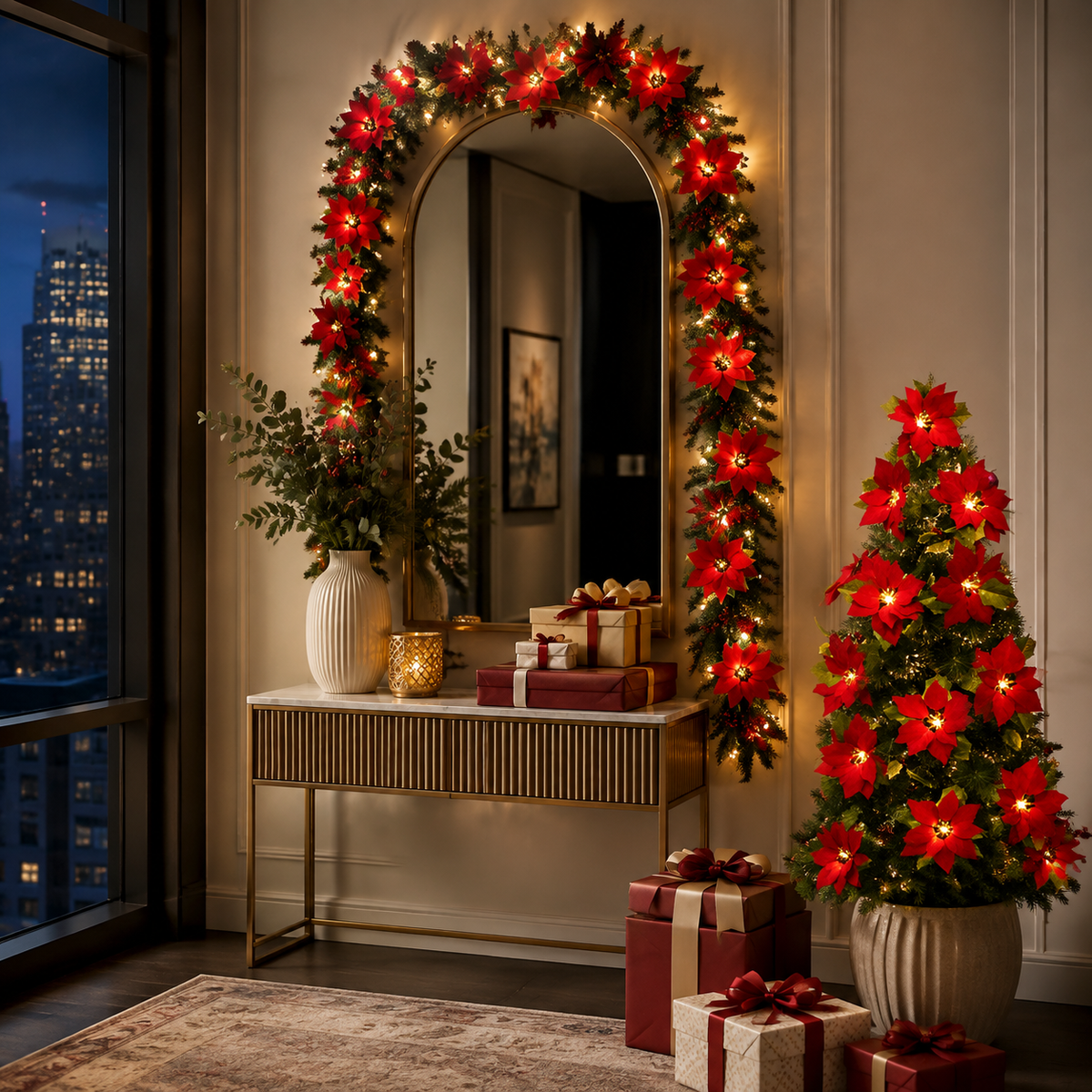 🎄 Poinsettia LED Garland Lights ✨ Magical Christmas Decor