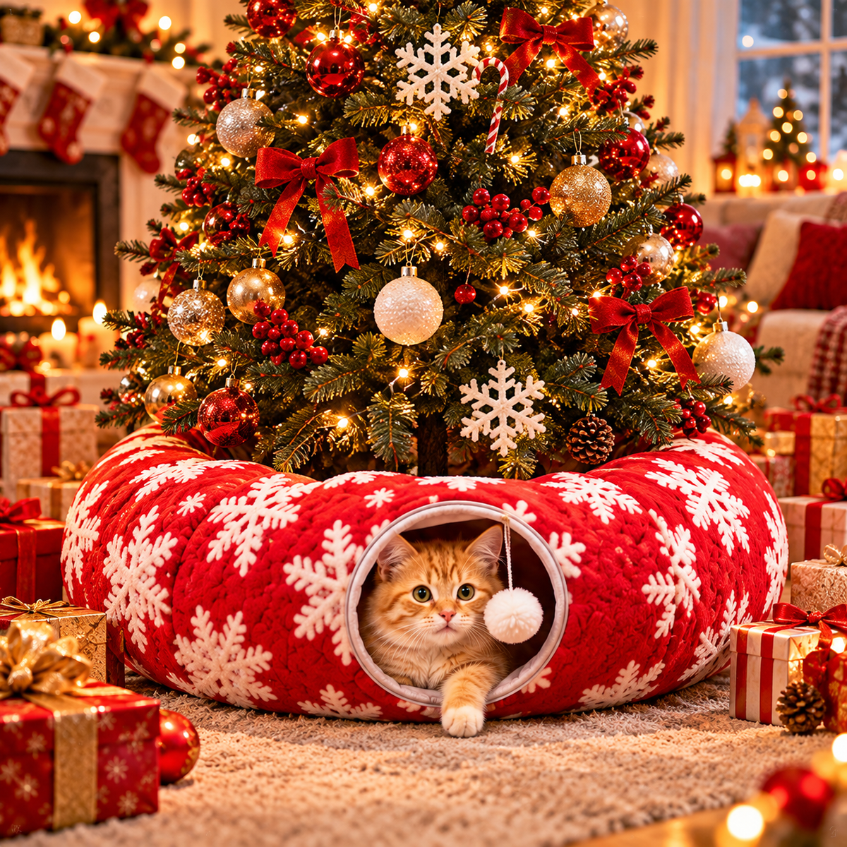 🎄🐾 3-in-1 Christmas Cat Tunnel – Cozy Cat Bed & Festive Tree Skirt