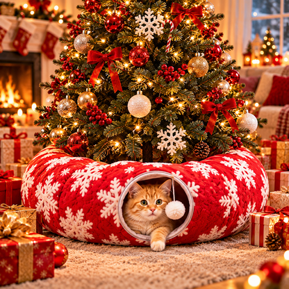 🎄🐾 3-in-1 Christmas Cat Tunnel – Cozy Cat Bed & Festive Tree Skirt