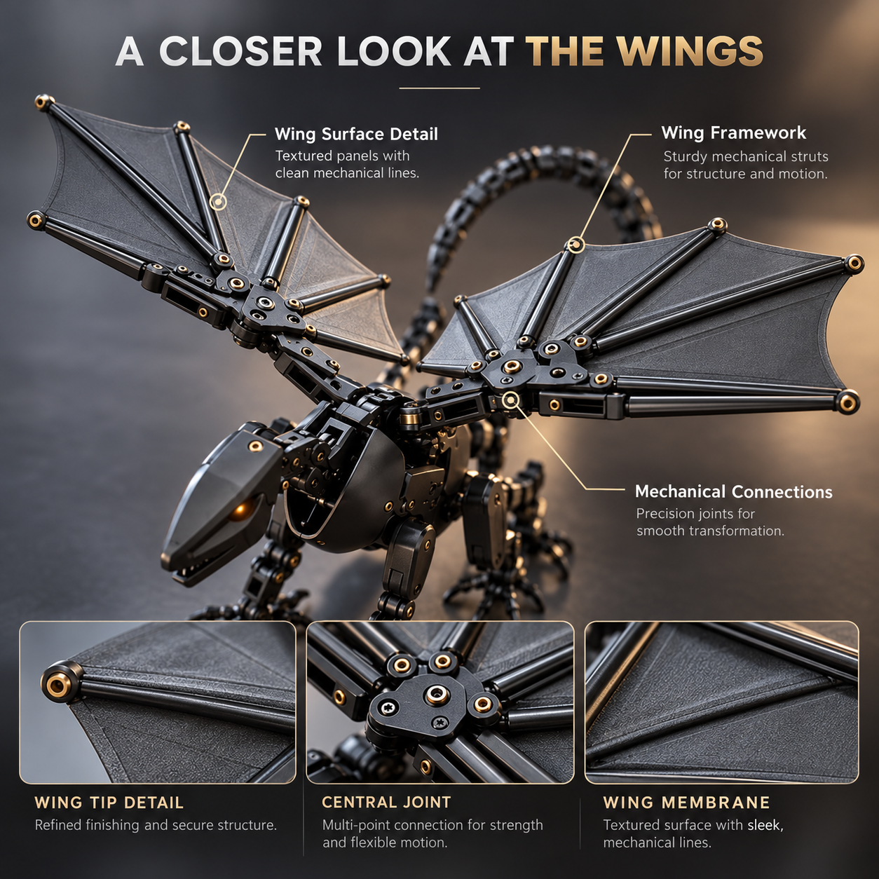 Close-up of DragonMorph mechanical dragon wing details