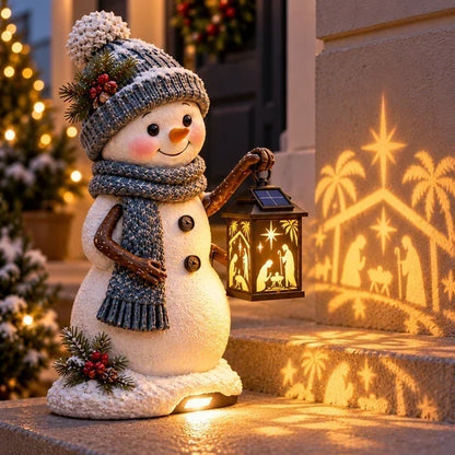 ⛄Snowman Nativity Glow – Solar Christmas Step Light with Holy Family Projection