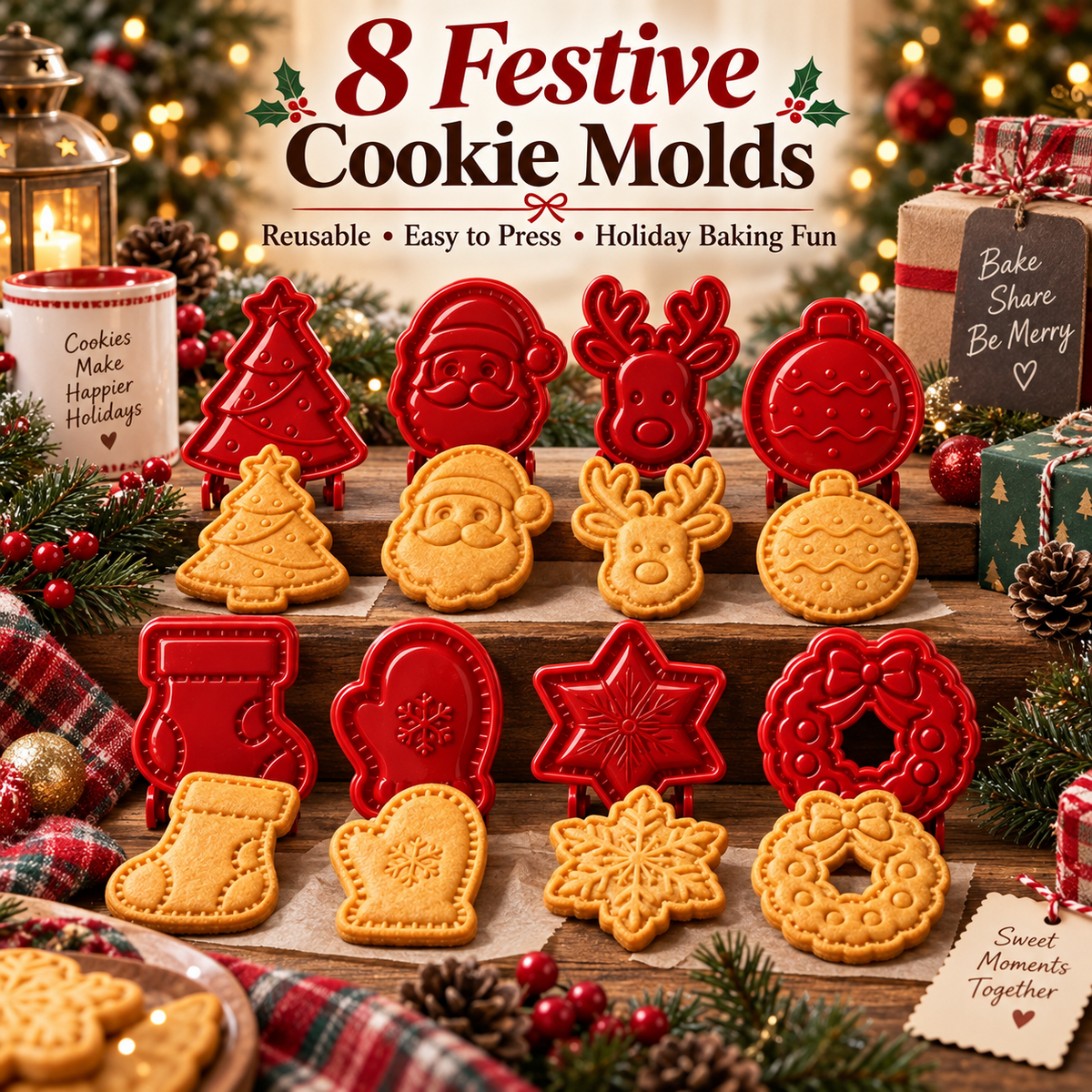🎄 Christmas Cookie Molds – 8 Festive Press & Bake Designs