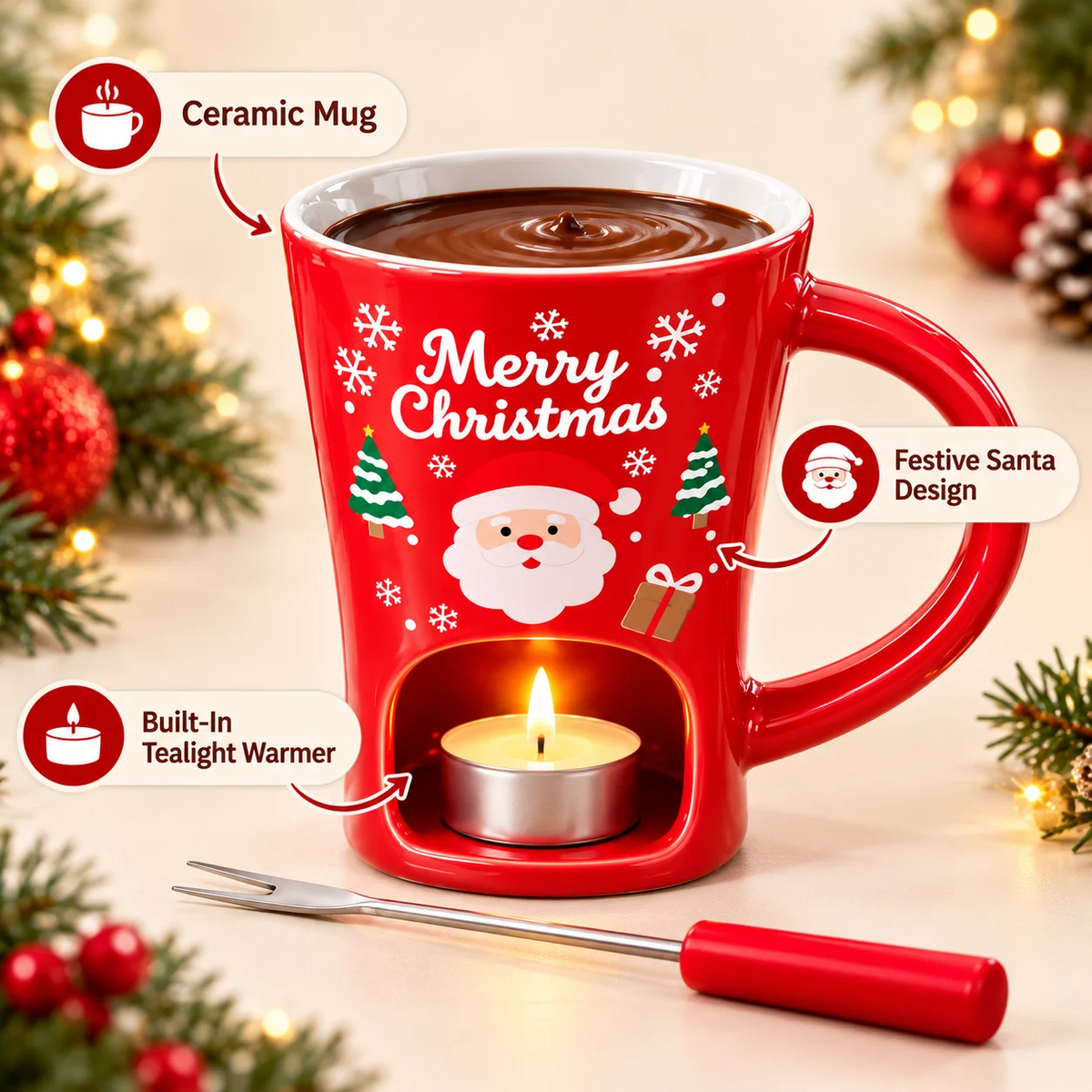 🎄 Christmas Fondue Mug – Warm Chocolate Dip for Holiday Nights