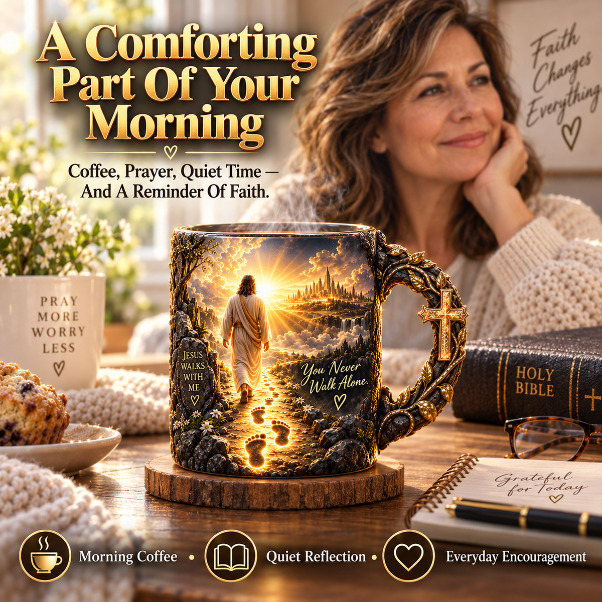 ✝️✨ Jesus Walks With Me – Heat-Reveal Christian Mug | Never Walk Alone