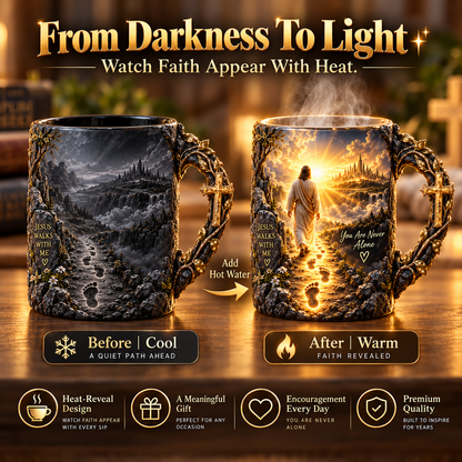 ✝️✨ Jesus Walks With Me – Heat-Reveal Christian Mug | Never Walk Alone
