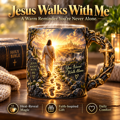 ✝️✨ Jesus Walks With Me – Heat-Reveal Christian Mug | Never Walk Alone
