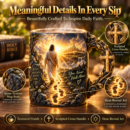 ✝️✨ Jesus Walks With Me – Heat-Reveal Christian Mug | Never Walk Alone