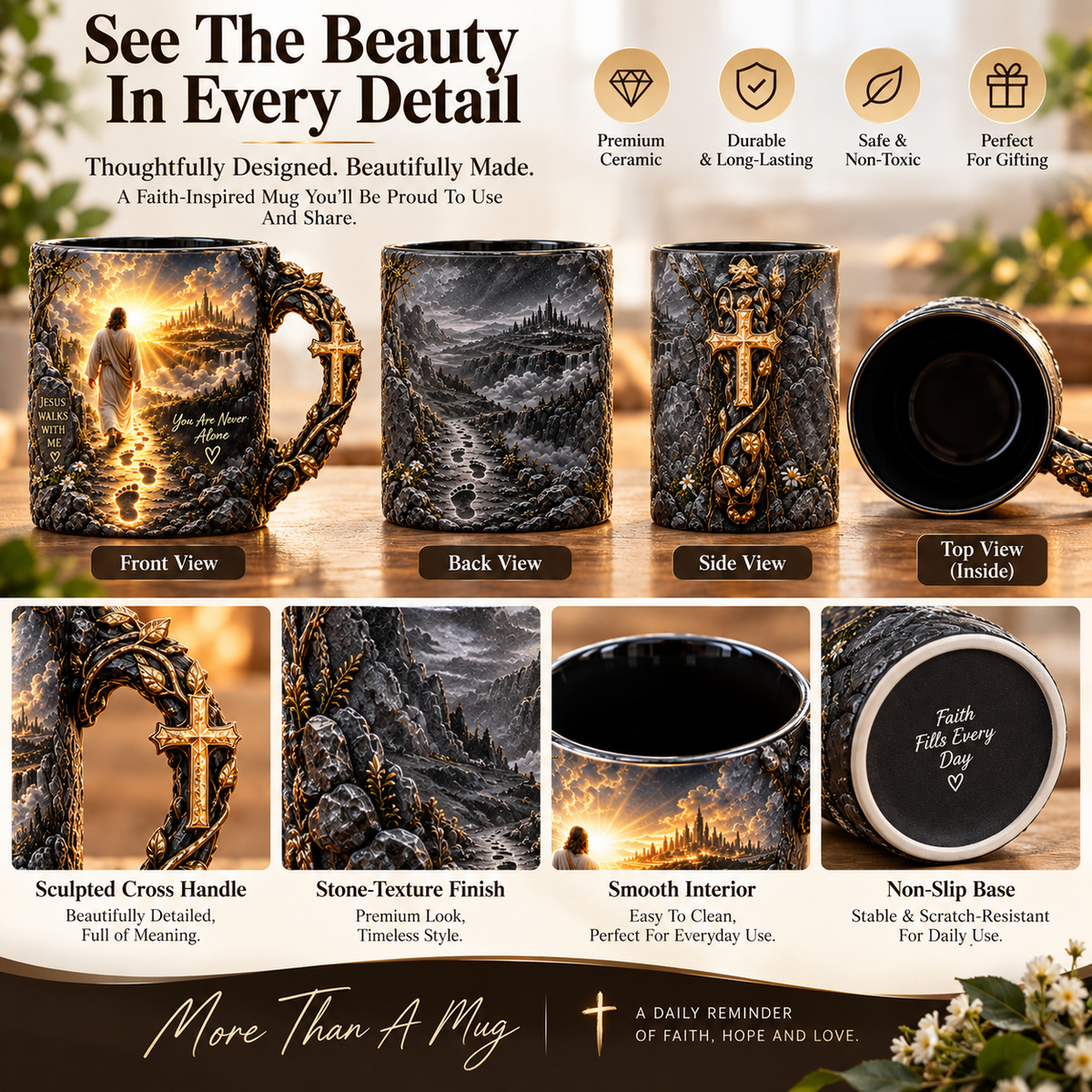 ✝️✨ Jesus Walks With Me – Heat-Reveal Christian Mug | Never Walk Alone