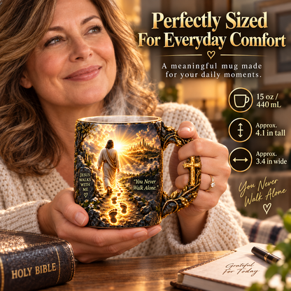 ✝️✨ Jesus Walks With Me – Heat-Reveal Christian Mug | Never Walk Alone