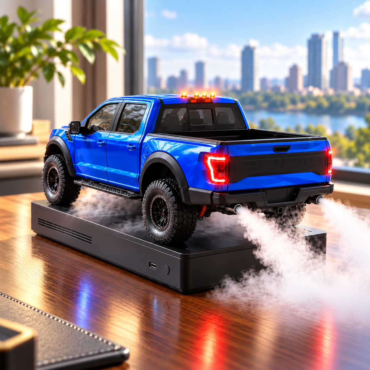 Blue miniature pickup truck humidifier beside a bright window