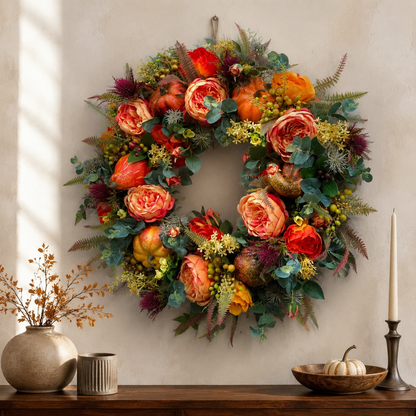 💖 Handmade Fall Peony And Pumpkin Wreath - Year Round Wreath