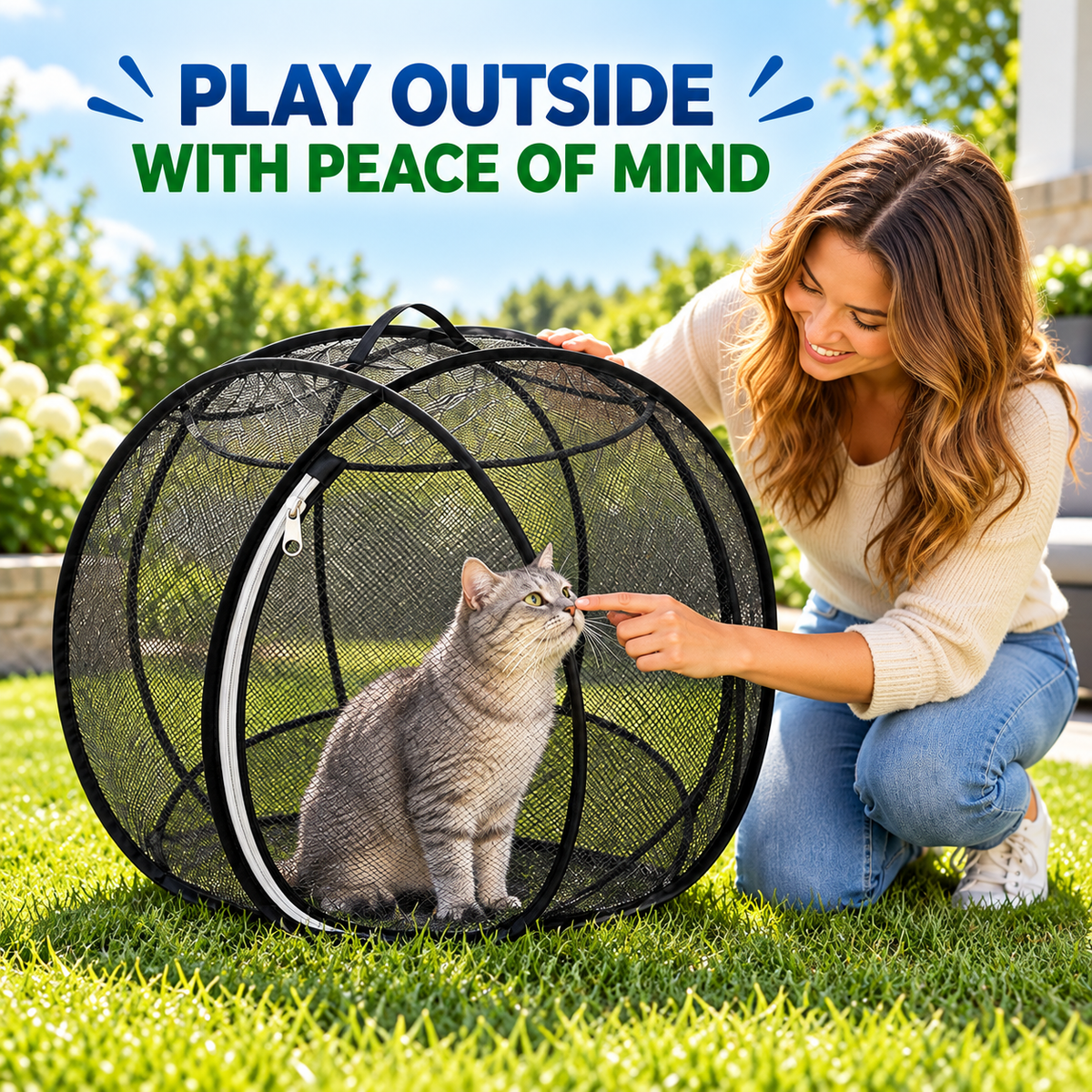 Cat enjoying a supervised outdoor moment in a pop-up mesh playpen