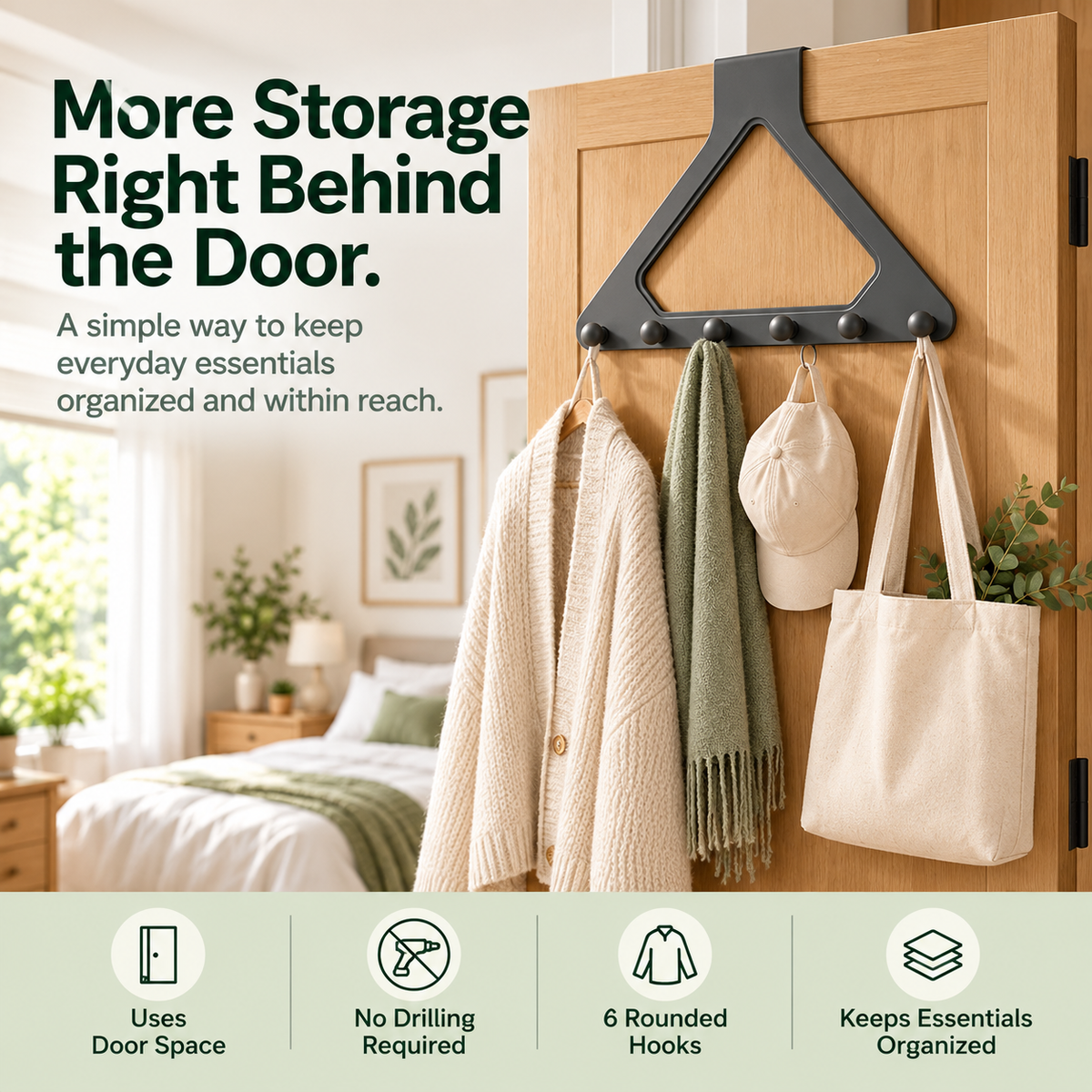 🚪 6-Hook Over-the-Door Organizer – No-Drill Triangle Hanging Rack for Clothes, Towels, Hats & Bags