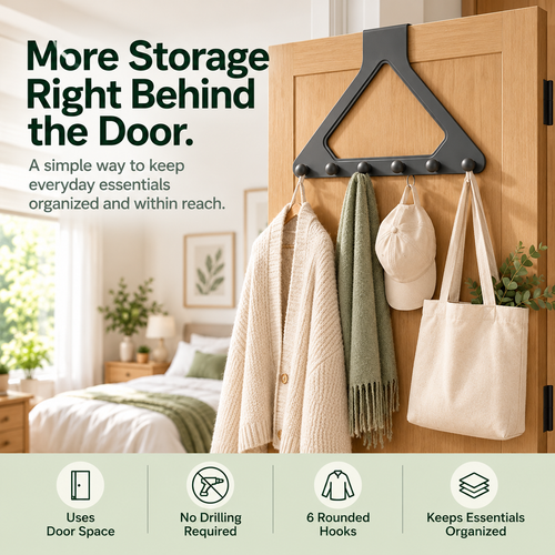 🚪 6-Hook Over-the-Door Organizer – No-Drill Triangle Hanging Rack for Clothes, Towels, Hats & Bags
