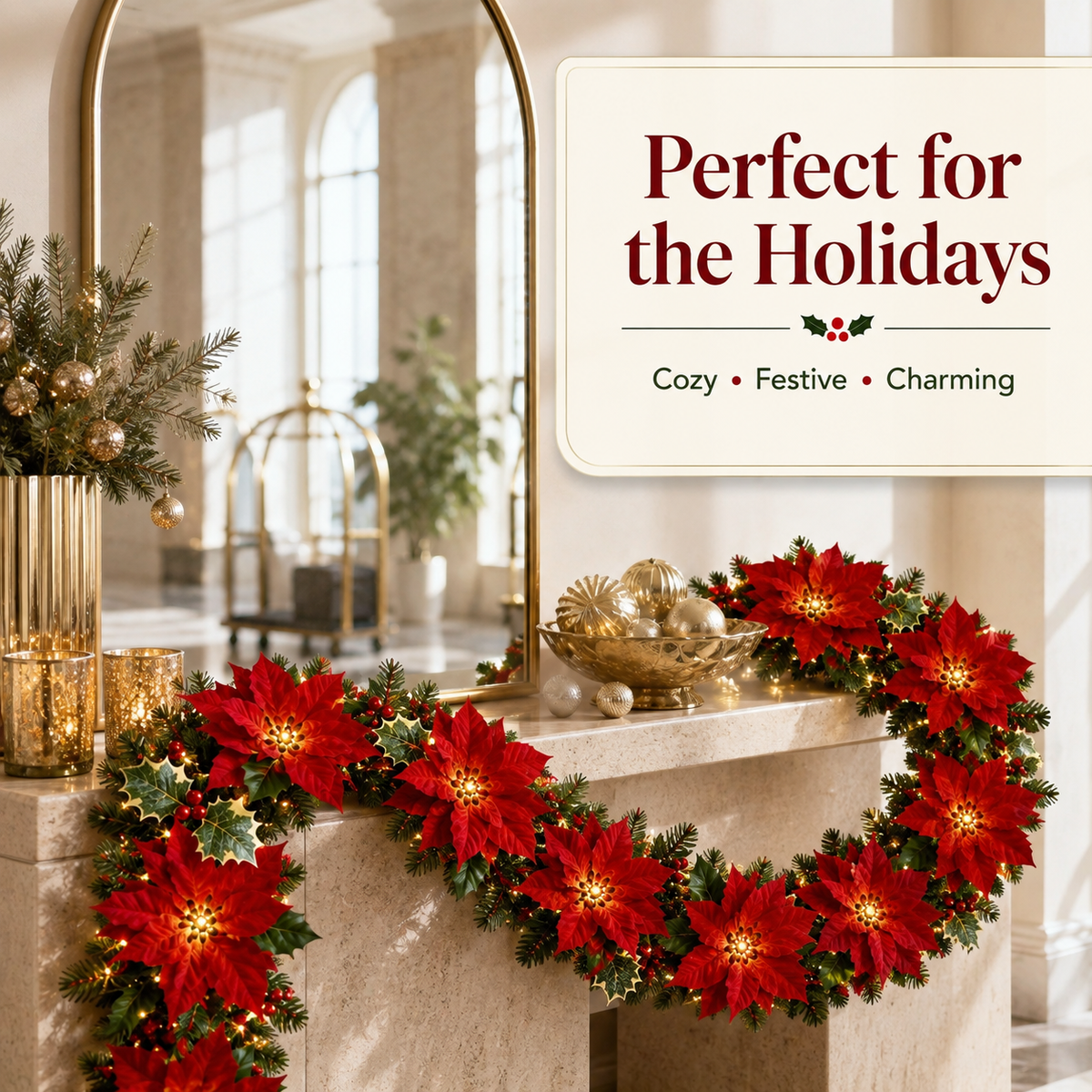 🎄 Poinsettia LED Garland Lights ✨ Magical Christmas Decor