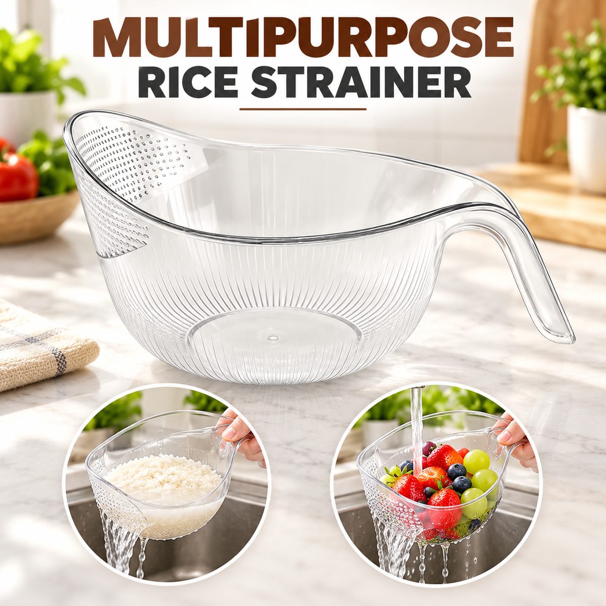 🍚 Multi-Functional Rice Strainer with Handle – Easy-Drain BPA-Free Kitchen Colander