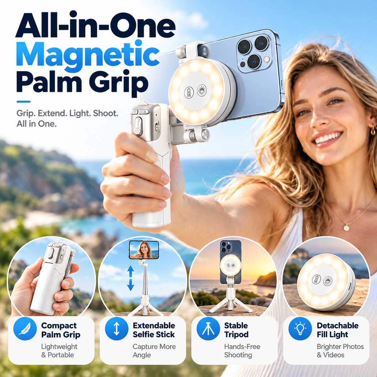 Magnetic palm grip selfie stick tripod