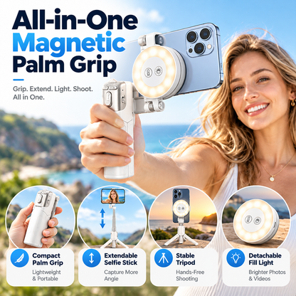 📸✨ Magnetic Palm Grip Selfie Stick & Tripod – 3-in-1 Adjustable Phone Holder