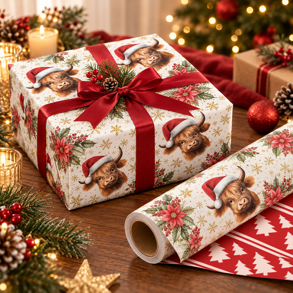 Christmas wrapped gift decorated with red ribbon