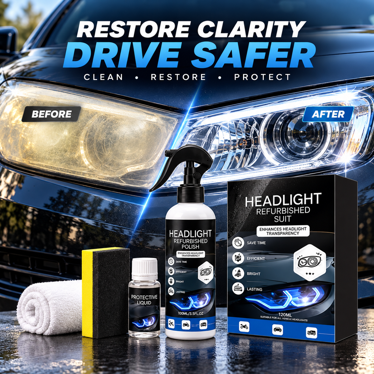 💡 Crystal Coating Headlight Restoration Fluid – Restore Clarity & Shine to Cloudy, Yellowed Headlights