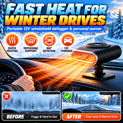 ❄️🔥 12V Portable Car Heater & Windshield Defogger – 360° Adjustable Fast Heating Fan for Winter Driving