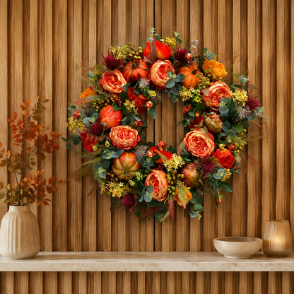 💖 Handmade Fall Peony And Pumpkin Wreath - Year Round Wreath