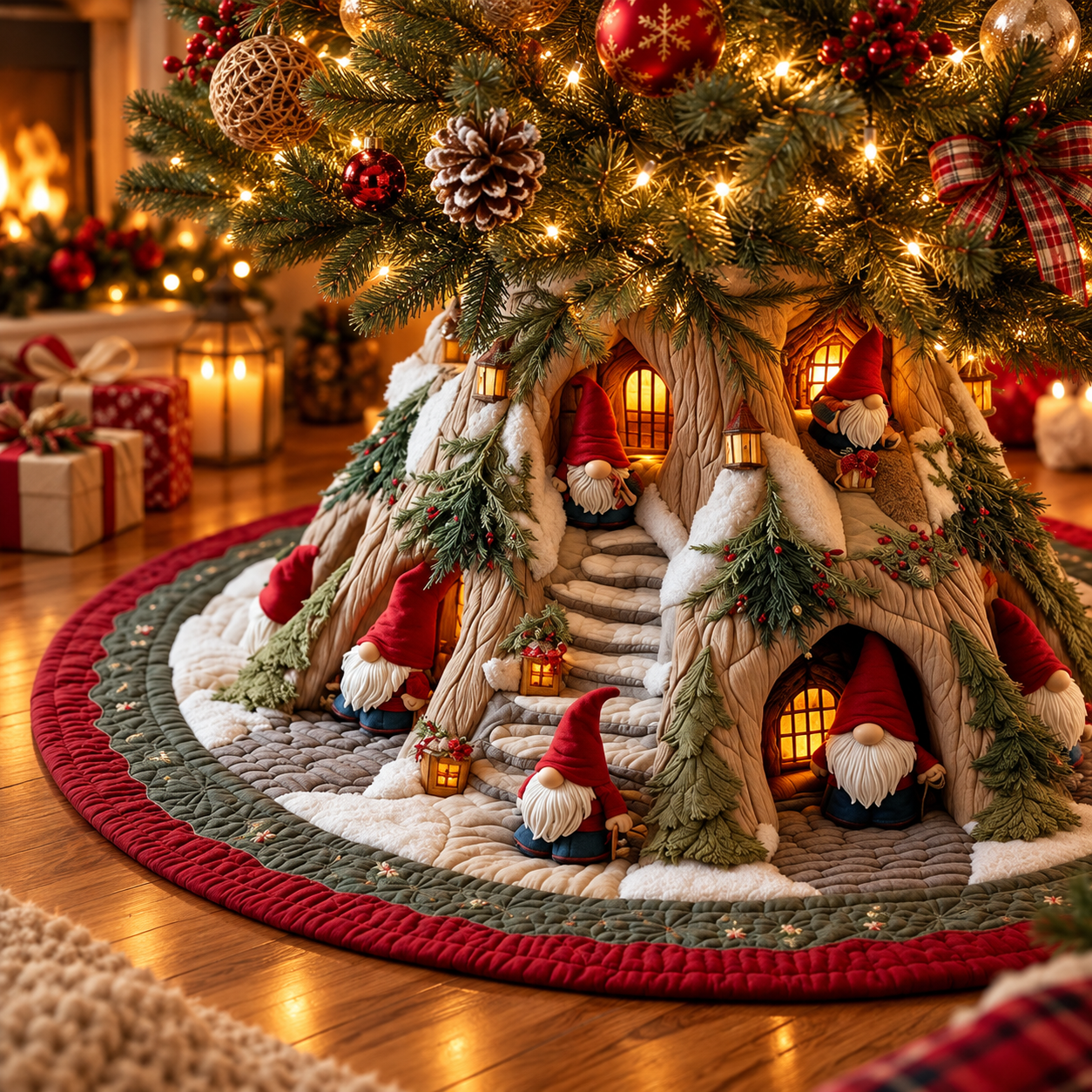 Christmas tree skirt with woodland gnome artwork