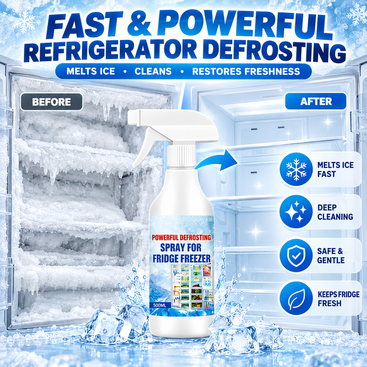 Fridge freezer defrosting spray before and after