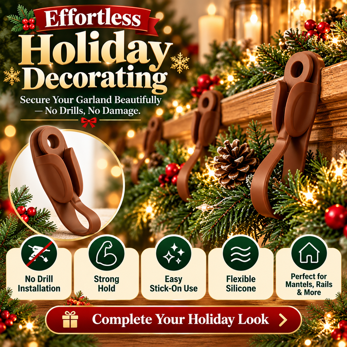 🎄 6-Pack No-Drill Christmas Garland Clips – Invisible Adhesive Holders for Mantels, Stairs & Holiday Decorations ✨