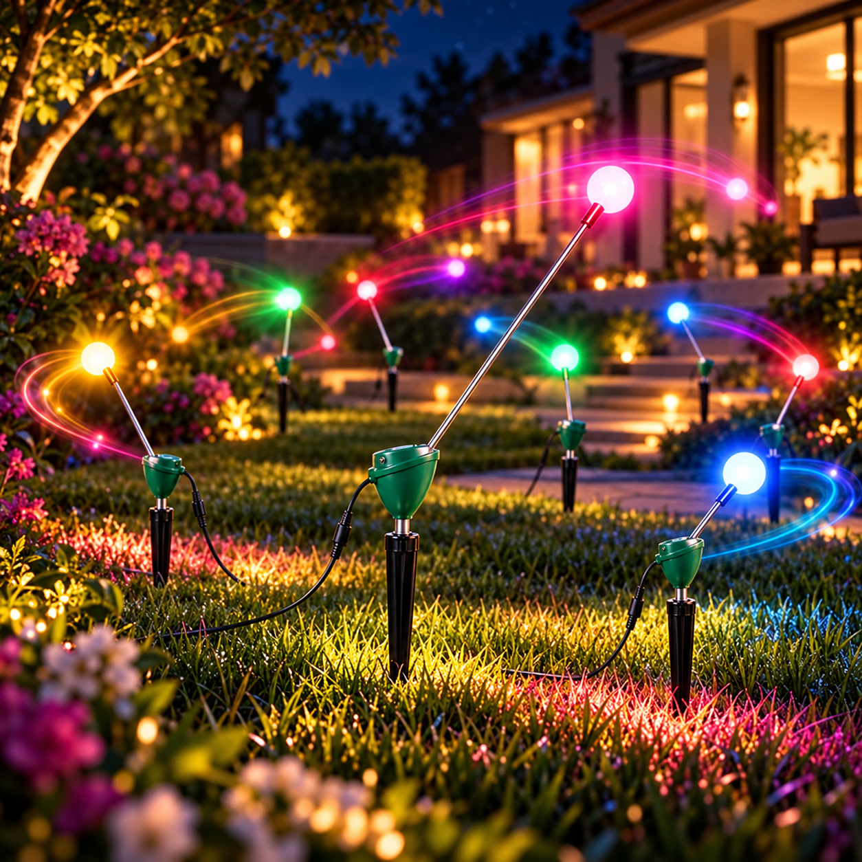 RGB dancing firefly garden lights creating a colorful evening lawn display