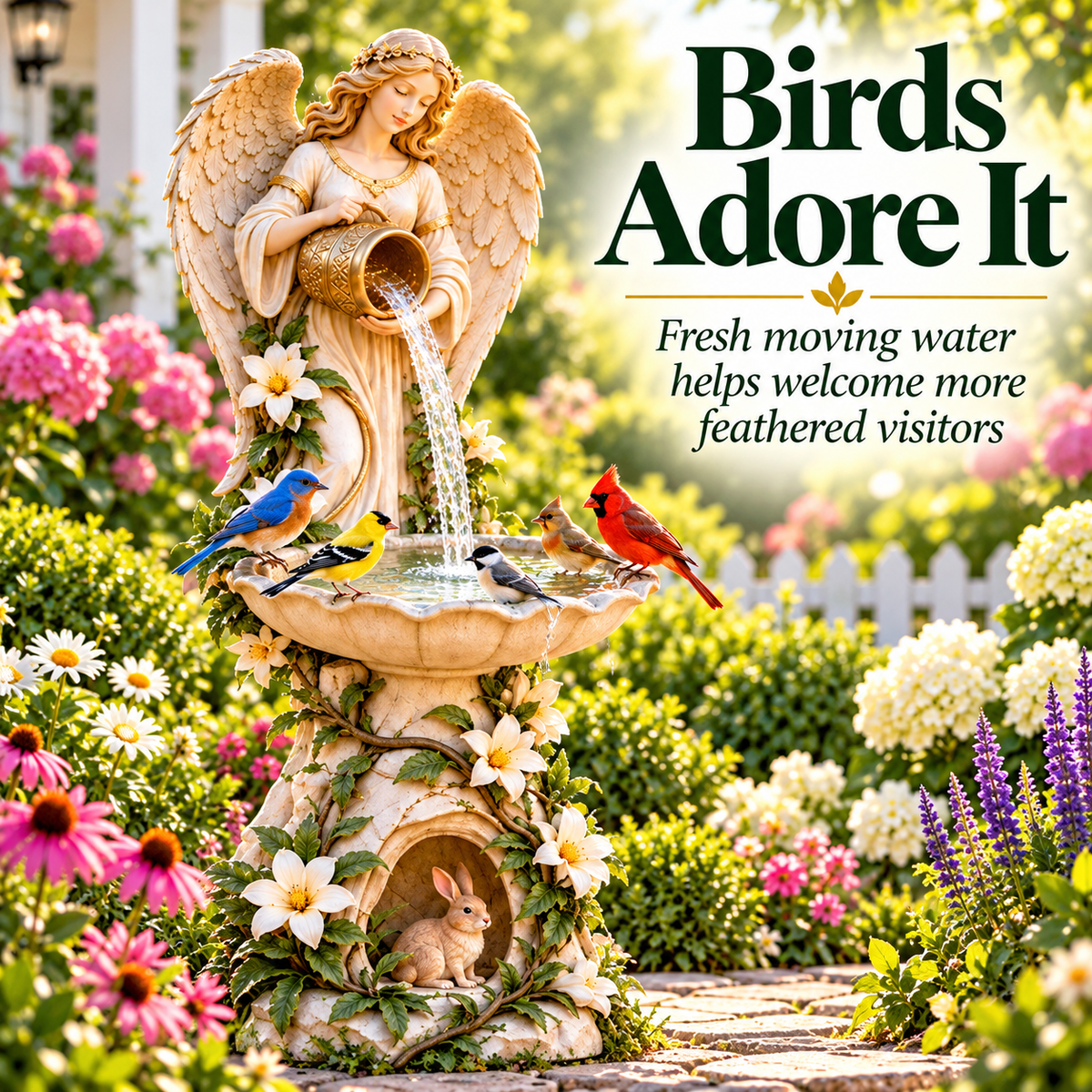 Decorative angel bird waterer pictured with colorful backyard birds