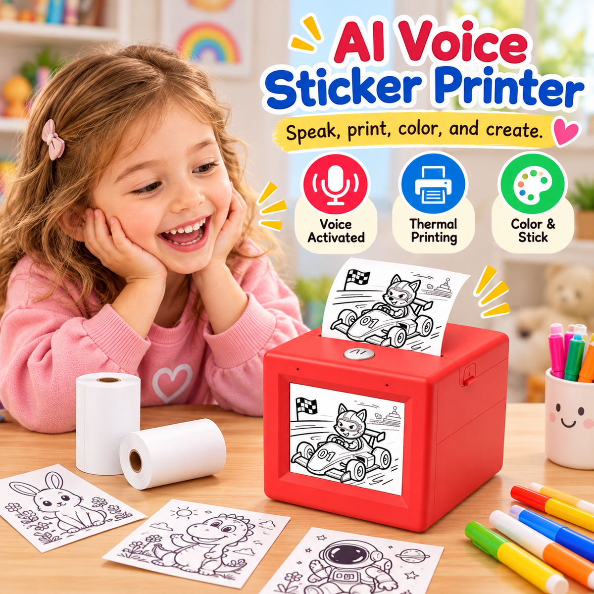 Red AI Voice-Activated Mini Sticker Printer in a creative playroom setting