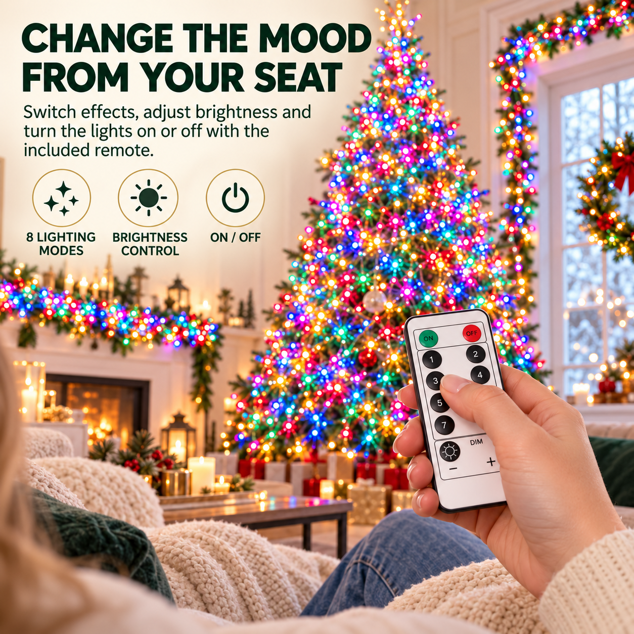 Remote control for Christmas LED lights with lighting mode and brightness controls