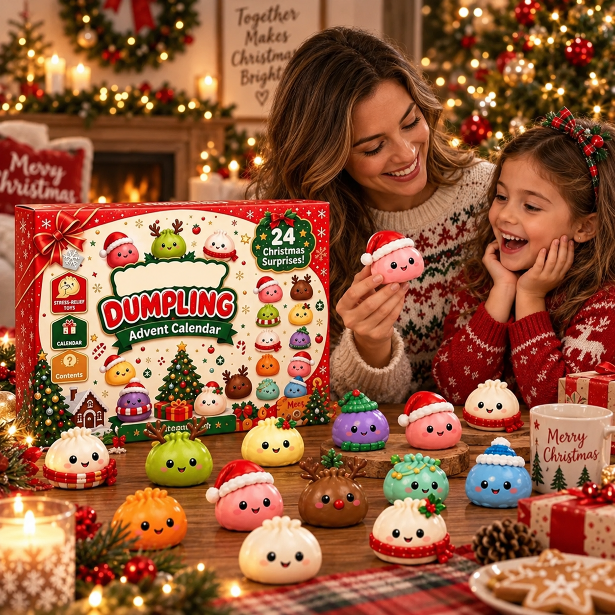 Mother and child enjoying Squishy Christmas Advent Calendar together