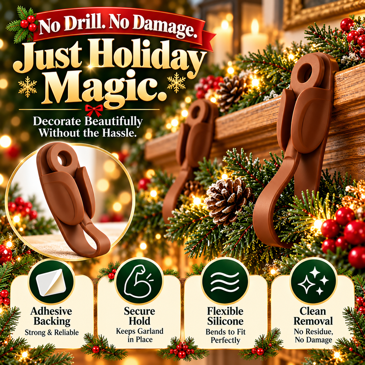 🎄 6-Pack No-Drill Christmas Garland Clips – Invisible Adhesive Holders for Mantels, Stairs & Holiday Decorations ✨