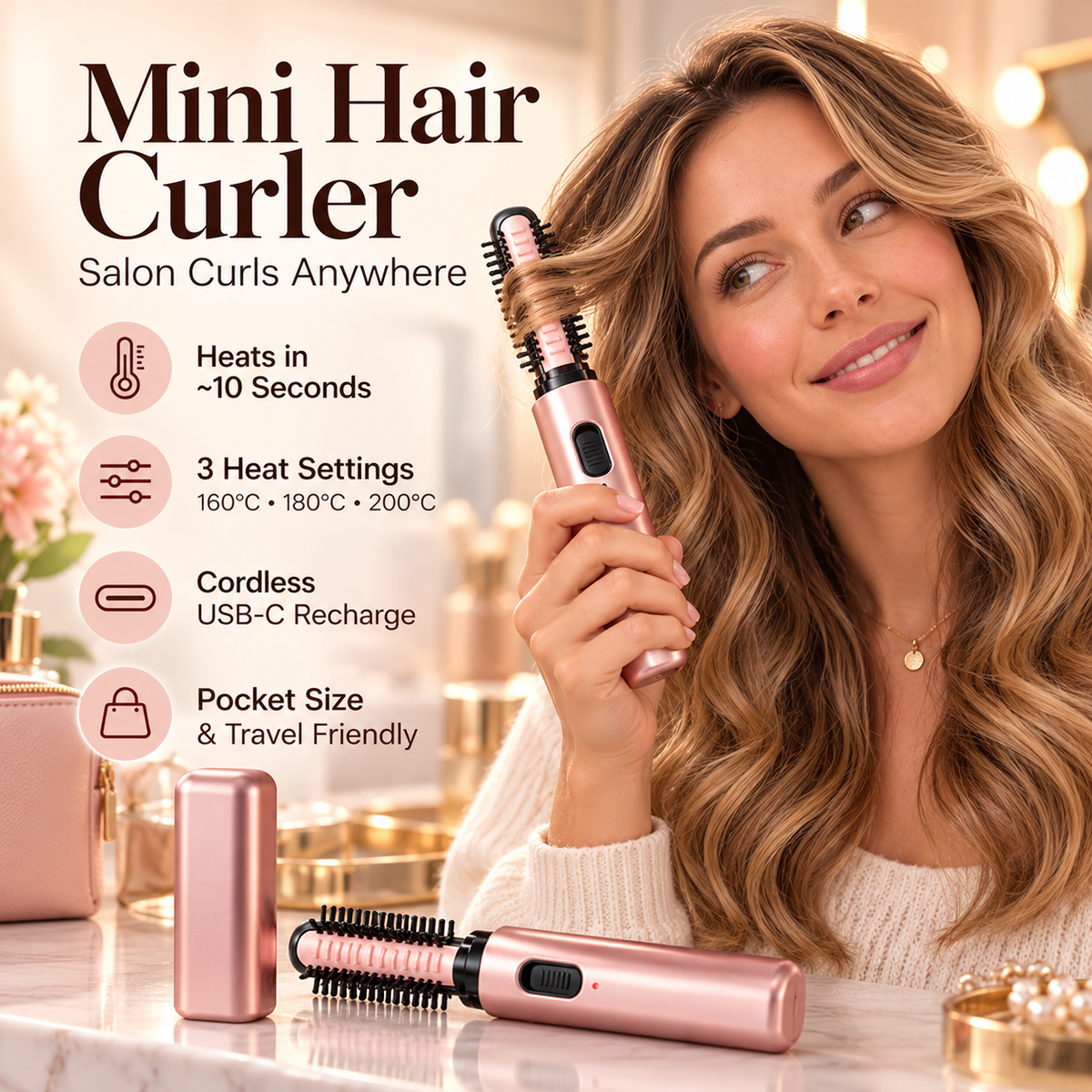 ✨ Cordless Ceramic Hair Curler – Portable Mini Curling Iron with 3 Heat Settings
