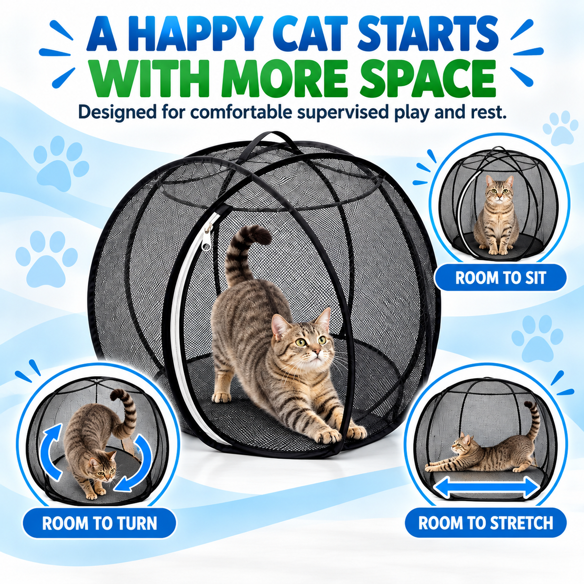Cat playpen with room to sit turn and stretch
