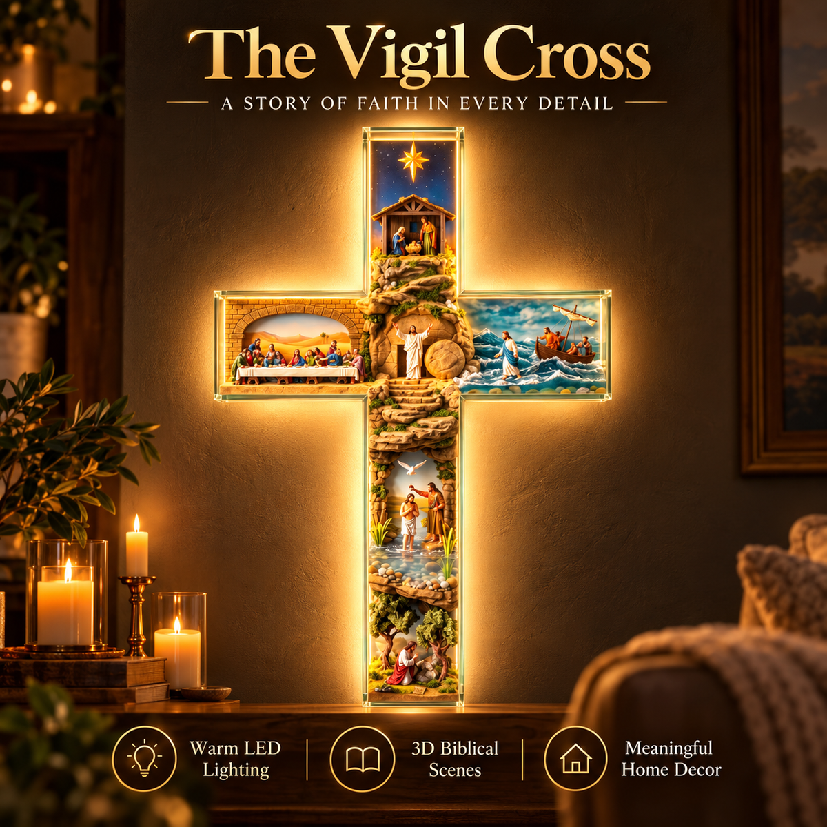 ✝️✨ The Vigil Cross – Illuminated Biblical Story Wall Cross